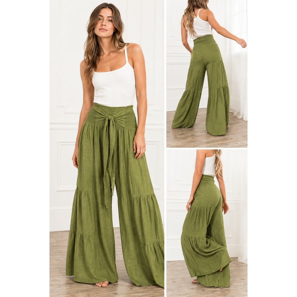 Ampersand Avenue Tiered Boho Pant 2XL Olive Green Wide Leg Flowy Tie Front